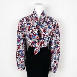 Vintage 70's Burgundy, Blue, And White Secretary Blouse With Neck Bow Size L XL